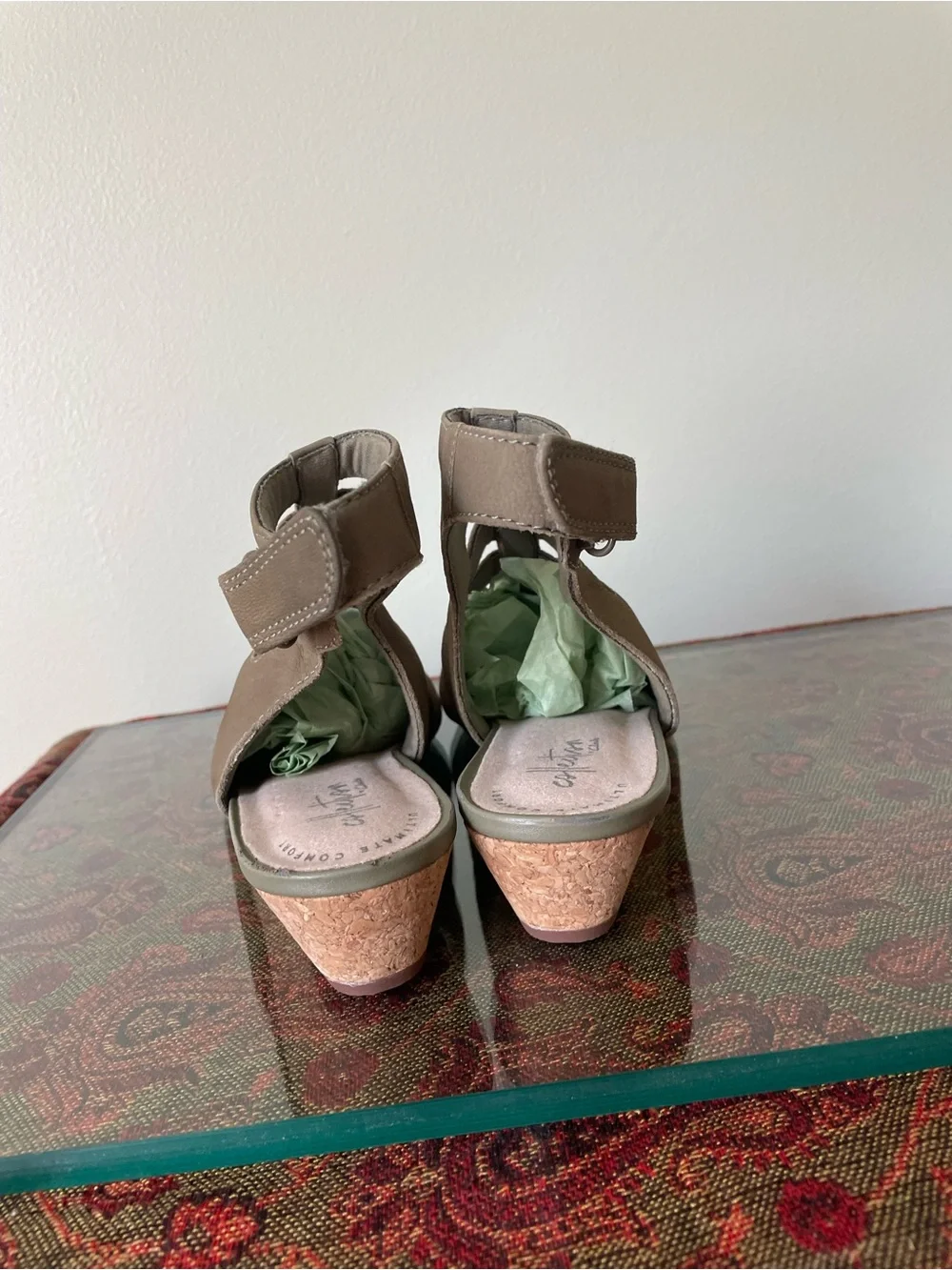 Clarks Olive-Taupe Cutout Wedge Sandals size 7 never worn